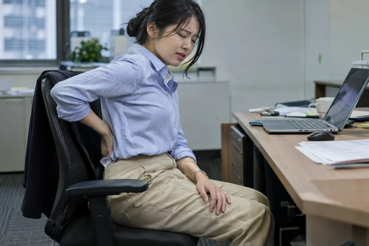 長時間のデスクワークのあと、腰に手を当てる女性