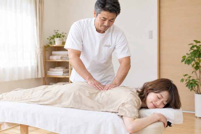 整体院で整体師が女性の腰にやさしく手を当てている施術の様子