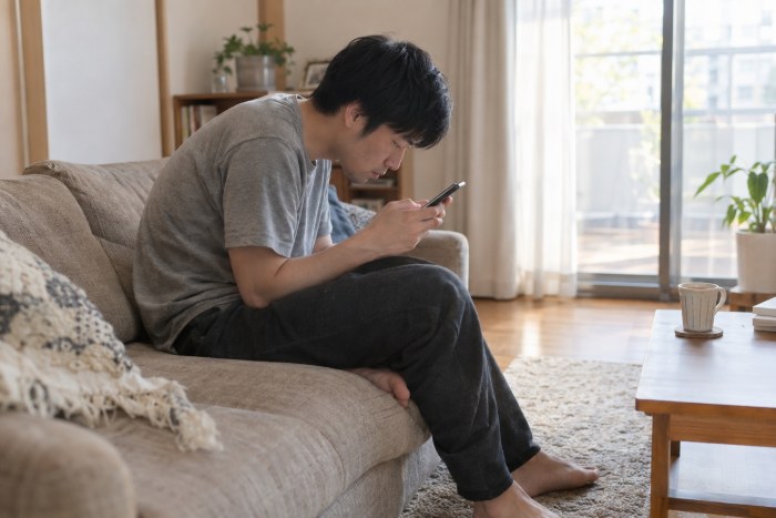 ソファで猫背のままスマホを見続ける男性