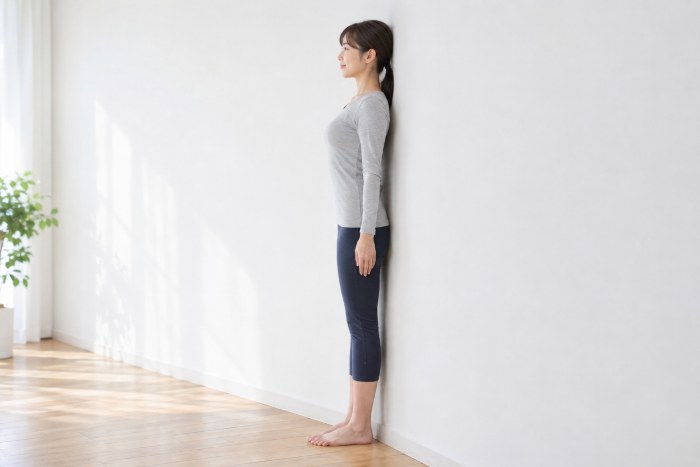 壁に背中をつけて立ち、姿勢を確かめる女性を横から見た様子