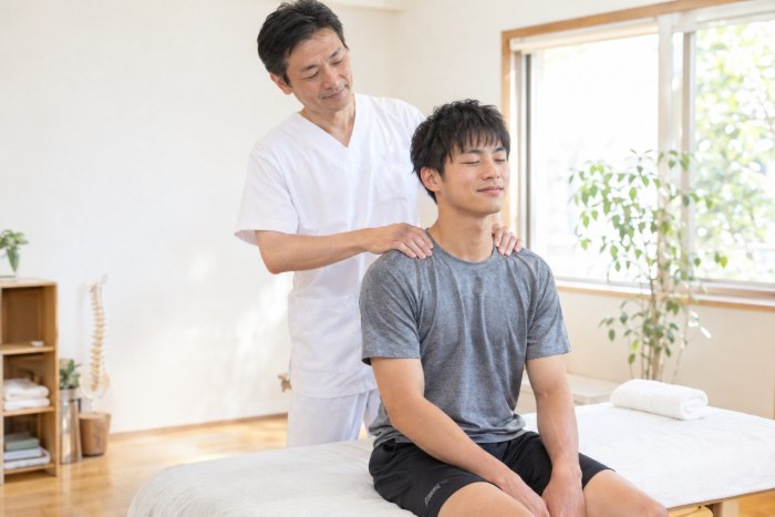 整体院で整体師がスポーツウェアの男性の肩にやさしく手を当てている様子